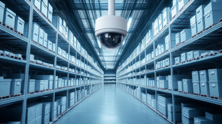 A white security camera mounted on a warehouse ceiling, observing rows of industrial shelves in a clean, organized environmentの素材