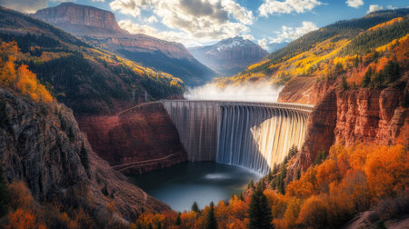 A wide-angle view of a dam and its reservoir, showcasing the natural landscape, with mountains in the background and the water glistening in the sunlightの素材