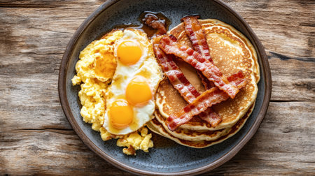 A top-down view of a hearty breakfast plate with scrambled eggs, crispy bacon, and fluffy pancakes drizzled with maple syrup, set on a rustic wooden tableの素材