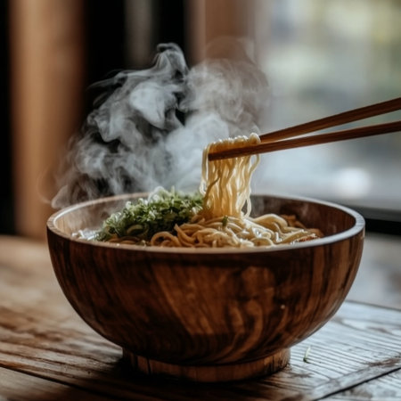 A wooden bowl filled with ramen noodles, steam rising and chopsticks resting on topの素材