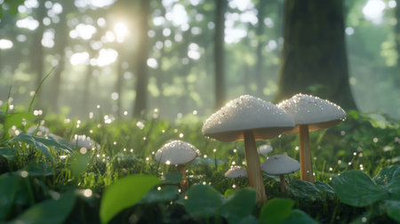 A whimsical scene of mushrooms with sparkling dew in a misty forest, showcasing the magical atmosphere of nature in the early morning lightの素材