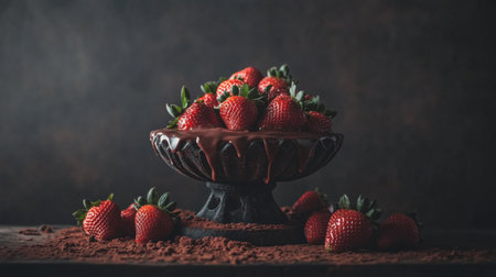 A still life of melted chocolate in a bowl, surrounded by fresh strawberries and cocoa powder, creating a tempting dessert arrangementの素材