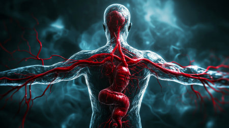 A scientific illustration of the human circulatory system, with detailed arteries and veins, focusing on the flow of blood through the bodyの素材