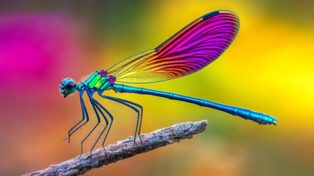 A striking macro shot of a dragonfly perched on a twig, showcasing its iridescent wings and vibrant colors against a soft-focus natural backgroundの素材