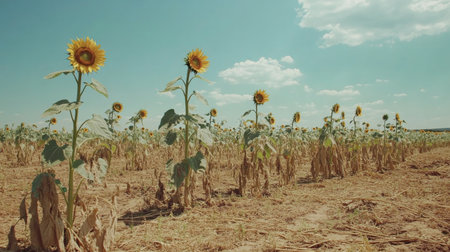 A tranquil image of a sunflower field wilting under the scorching sun, with a faded blue sky above, capturing the impacts of climate change on agriculture and natureの素材