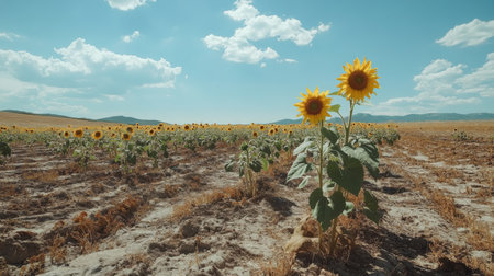 A tranquil image of a sunflower field wilting under the scorching sun, with a faded blue sky above, capturing the impacts of climate change on agriculture and natureの素材