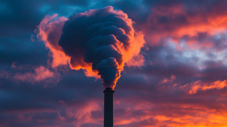 Black smoke slowly dispersing into the atmosphere from a factory stack, mixing with a dramatic sunset sky filled with deep orange and purple huesの素材