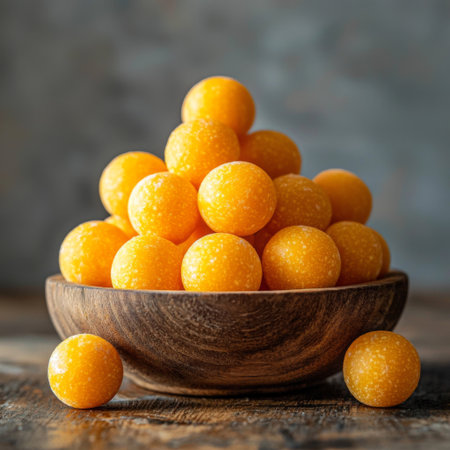 A wooden bowl filled with bright orange cheese balls, stacked neatly for a snack-time lookの素材