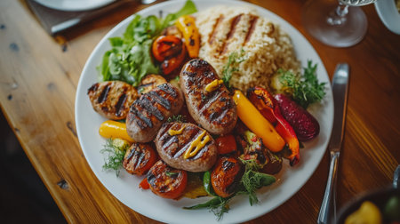 A vibrant plate of assorted sausages, including bratwurst and chorizo, arranged with colorful grilled vegetables and a drizzle of mustard, highlighting a hearty mealの素材