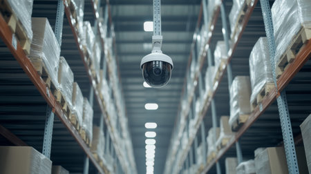 A white security camera mounted on a warehouse ceiling, observing rows of industrial shelves in a clean, organized environmentの素材