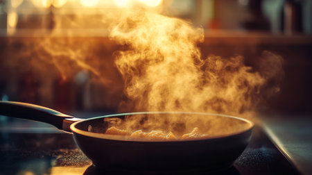 Gentle smoke drifting across a kitchen counter from a sizzling pan, with warm lighting creating an inviting yet mysterious atmosphereの素材