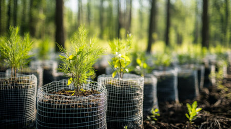 Rows of protective wire cages surrounding young saplings in a reforestation area, ensuring their growth and safety in a rehabilitated forestの素材