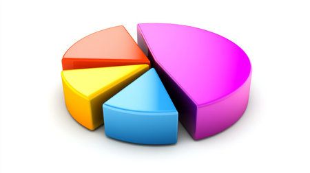 Colorful pie chart on a plain white background, segmented in bold colors with a shadow effect for a clean and visually appealing presentationの素材