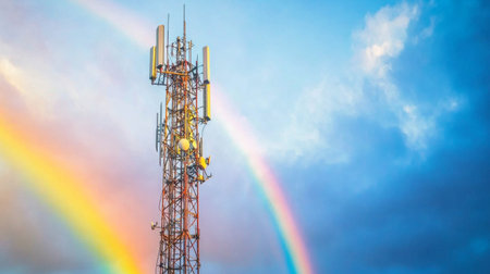 A wide shot of a cell tower with a bright rainbow arching over it, creating a whimsical and colorful scene that combines nature with modern technologyの素材
