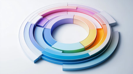 Circular infographic chart with multiple data rings in gradient colors on a white background, representing layered informationの素材