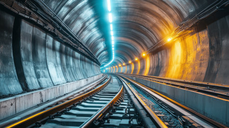 Subway tunnel with bright lighting and clean tracks, emphasizing the modern design and efficiency of underground public transit systemsの素材