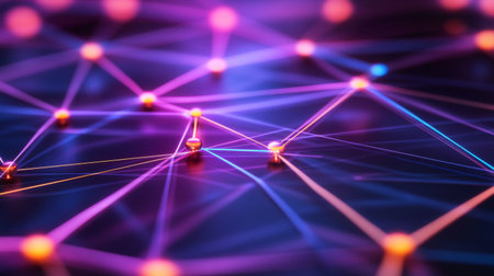 Digital abstract composition with a network of colored lines and dots on a dark background, representing data flow and connectivityの素材