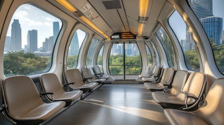 Row of empty seats inside a modern electric train, with large windows offering a panoramic view of the city passing byの素材
