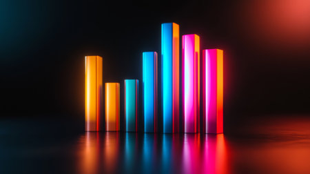 Colorful D bar graph with glowing edges and subtle reflections, floating on a dark background, highlighting an advanced data visualization themeの素材