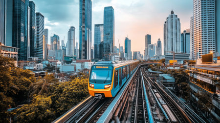 Electric train on elevated tracks surrounded by skyscrapers, capturing the harmony of advanced transport systems within dense urban environmentsの素材