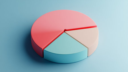Colorful D pie chart with each segment slightly lifted, casting shadows on a gradient background for a clean and contemporary aestheticの素材