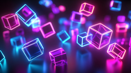 Futuristic D geometric shapes in neon colors over a dark gradient background, with reflective surfaces and depth for a high-tech lookの素材