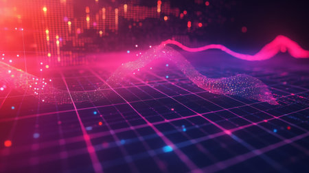 Line graph over a map grid background, with connected points in vivid colors to represent global data analysis and trendsの素材