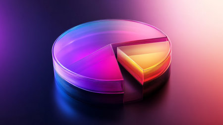 Modern D pie chart with translucent sections in gradient colors, hovering above a smooth surface, showcasing layered data insightsの素材