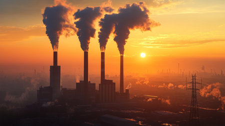 Smoke billowing from industrial smokestacks into a hazy, polluted sky, with dark clouds and sunlight struggling to break through, symbolizing pollutionの素材