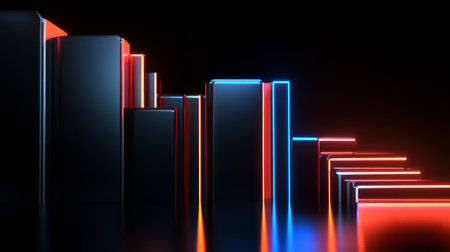 Futuristic D bar graph with metallic bars and neon accents, glowing softly against a black background, symbolizing advanced data technologyの素材
