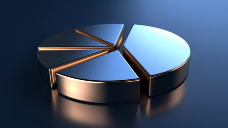 Metallic D pie chart with engraved details on each slice, arranged on a glossy surface with reflections, symbolizing sophisticated data representationの素材