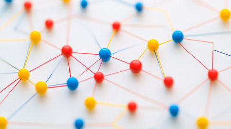 Interactive data flow graph with colorful nodes and connecting lines on a white background, giving a sense of complex relationshipsの素材