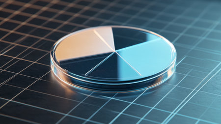 Floating D pie chart with transparent and solid segments, positioned over a grid pattern, highlighting digital data in a stylish designの素材