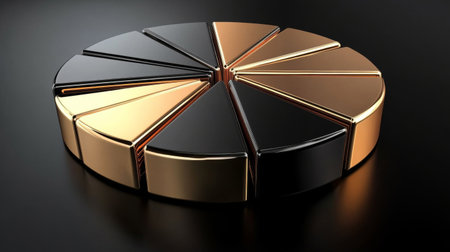Metallic D pie chart with engraved details on each slice, arranged on a glossy surface with reflections, symbolizing sophisticated data representationの素材