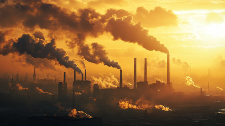 Smoke billowing from industrial smokestacks into a hazy, polluted sky, with dark clouds and sunlight struggling to break through, symbolizing pollutionの素材