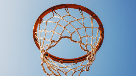 A basketball hoop with a net swaying in the breeze, set against a clear blue sky, capturing the essence of outdoor sports and sunny days.の素材