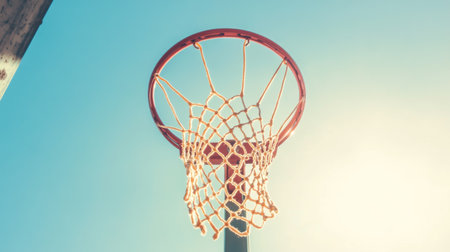 A basketball hoop with a net swaying in the breeze, set against a clear blue sky, capturing the essence of outdoor sports and sunny days.の素材
