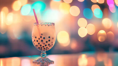 An elegant image of a bubble tea drink served in a unique glass with a decorative straw, set against a soft-focus background of colorful lights.の素材