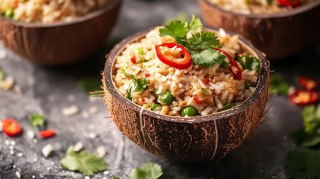 An artistic shot of fried rice being served in a coconut shell, topped with sliced chili and fresh cilantro, capturing the tropical essence of this dish.の素材