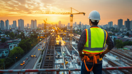 An impressive image of a civil engineer standing on a bridge under construction, with a hard hat and safety vest, showcasing dedication to infrastructure development.の素材