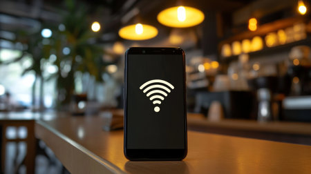 A close-up of a smartphone screen showing the Wi-Fi connection status, set against a backdrop of a stylish cafe, symbolizing mobile connectivity.の素材