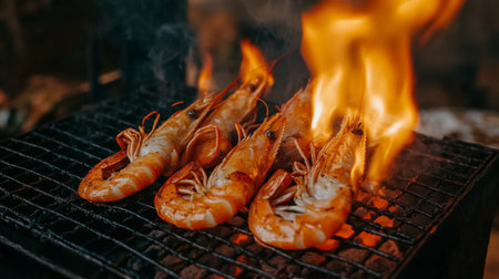 A captivating image of grilled shrimp being cooked on an outdoor grill, with flames licking the shrimp, creating an inviting and appetizing atmosphere.の素材