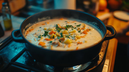 A close-up of a pot of creamy soup simmering on the stove, with fresh ingredients like carrots and potatoes peeking through, emphasizing comfort food.の素材