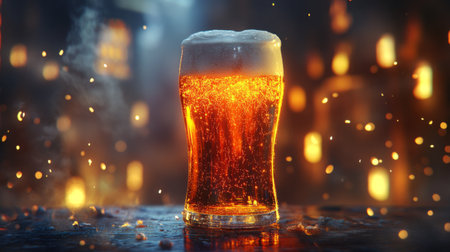 A chilled glass of beer with a thick head, sitting on a marble surface, with a backdrop of softly glowing fairy lights for a cozy atmosphere.の素材