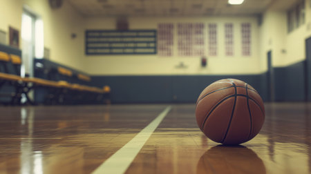 A basketball resting on a bench in an empty gym, with motivational quotes on the wall in the background, creating an inspiring sports environment.の素材