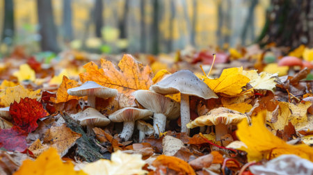 A charming woodland scene with various mushrooms peeking through fallen leaves, showcasing the natural beauty and diversity of fungi in their habitat.の素材