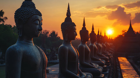 A captivating view of multiple Buddha statue silhouettes during dawn, with the first light of day casting long shadows, symbolizing hope and new beginnings.の素材