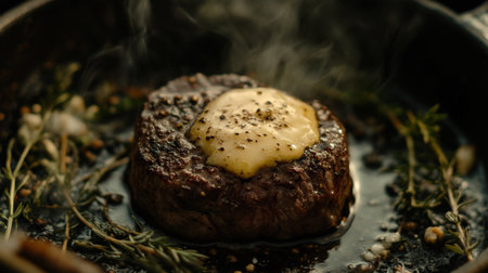 A close-up of a steak topped with garlic butter melting over it, surrounded by herbs and spices, emphasizing the indulgent flavors of the dish.の素材