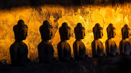 A captivating view of multiple Buddha statue silhouettes during dawn, with the first light of day casting long shadows, symbolizing hope and new beginnings.の素材