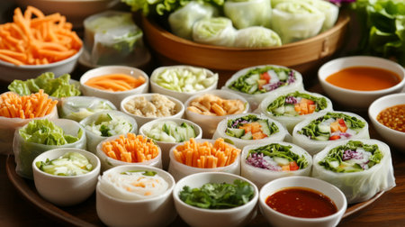A beautifully styled table with a variety of spring rolls, dipping sauces, and fresh vegetables, creating an inviting atmosphere for a meal.の素材